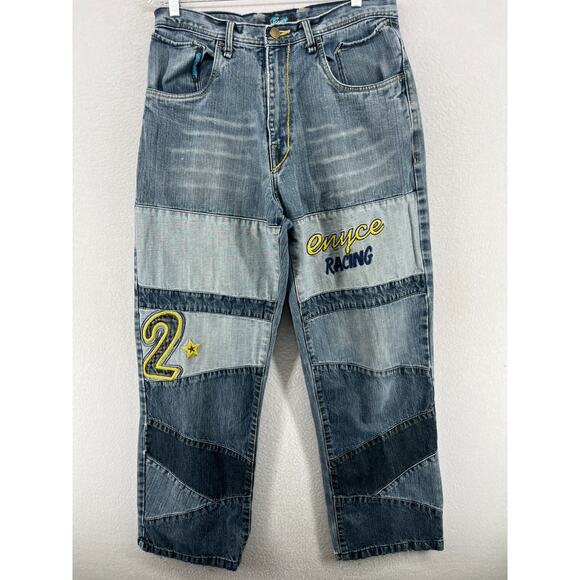 ENYCE Jeans Mens 34 Racing Patchwork Denim Y2K 2000s Baggy Hip Hop Wide Leg Blue